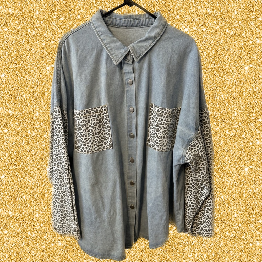 Denim Leopard Button Up 3X